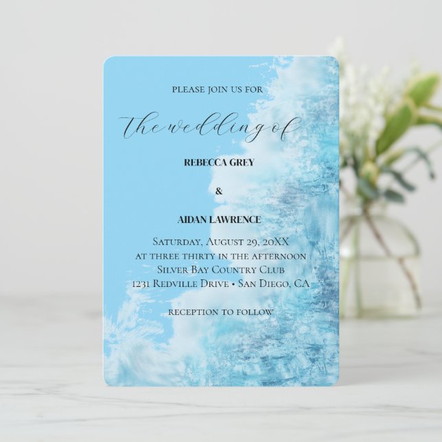 Tarjeta Festiva Blue Watercolor Modern Wedding Invitation (Anverso de pie)