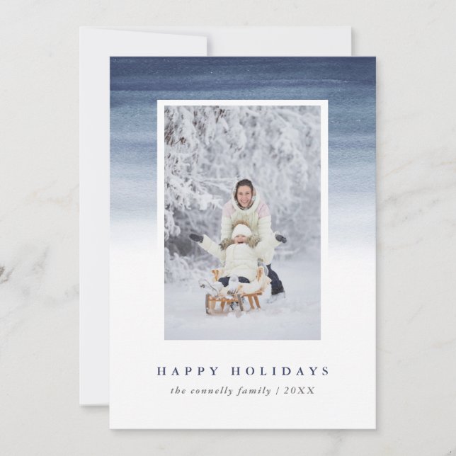 Tarjeta Festiva Blue Watercolor Ombre | Holiday Photo (Anverso)