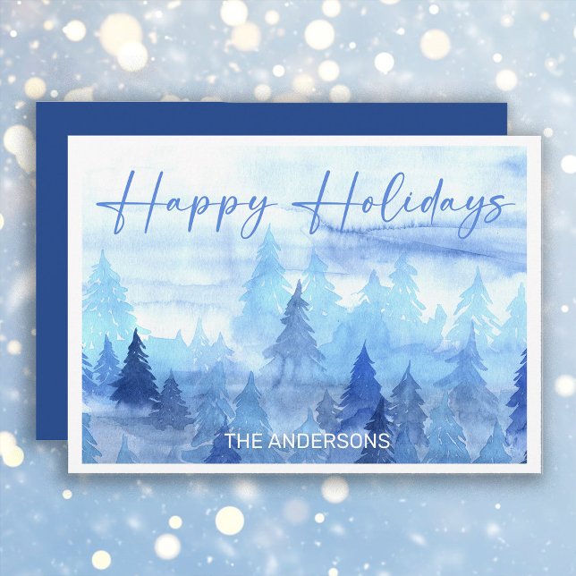 Tarjeta Festiva Blue Watercolor Pine Trees Invierno Felices Fiesta (Blue and white "Happy Holidays" greeting card personalized with your own text.)