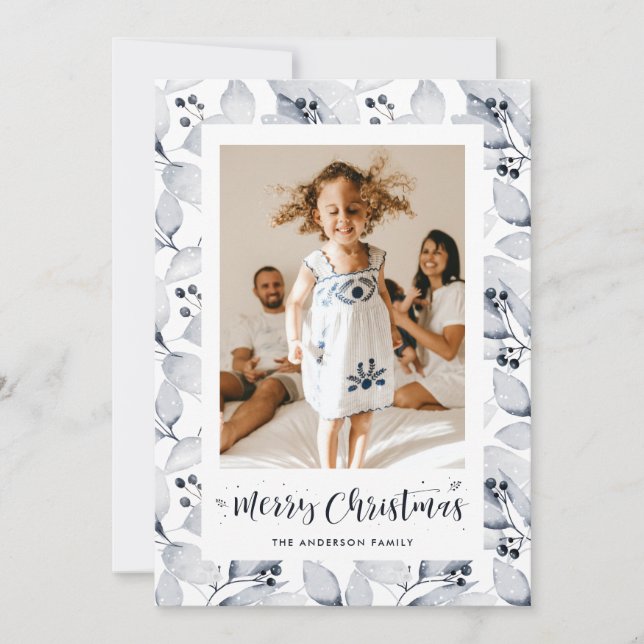Tarjeta Festiva Blue Winter Foliage Photo Merry Christmas Card (Anverso)