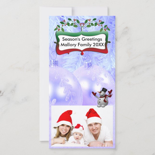 Tarjeta Festiva Blue Xmas Balls, Snowman, árboles, Holly (Anverso)