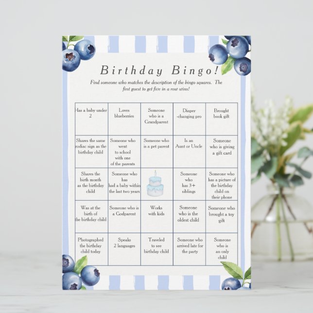 Tarjeta Festiva Blueberry  Birthday Find Guest Bingo game card (Anverso de pie)