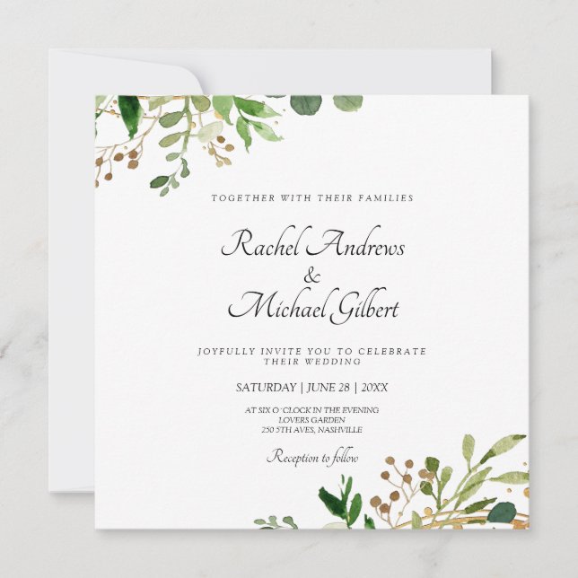 Tarjeta Festiva Blumen Grün Gold Einladung (Anverso)