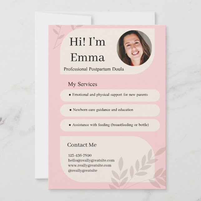 Tarjeta Festiva Blush Pink Postpartum Doula Professional Design (Anverso)