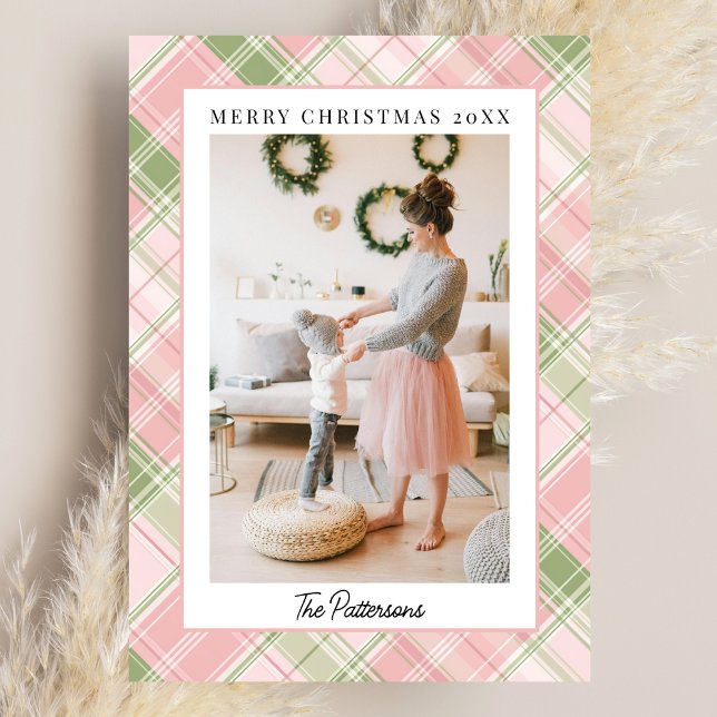 Tarjeta Festiva Blush Pink & Sage Green Plaid Photo Christmas (Subido por el creador)