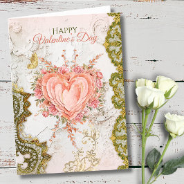Tarjeta Festiva Blush Rococo Floral Heart Galentine Lace Elegance