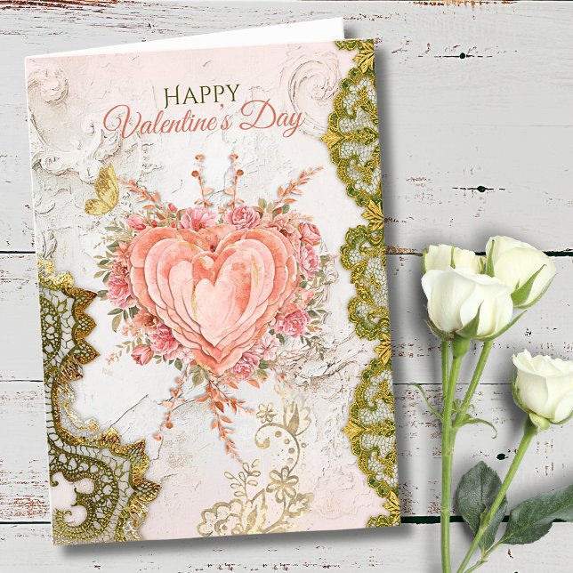 Tarjeta Festiva Blush Rococo Floral Heart Galentine Lace Elegance (Subido por el creador)