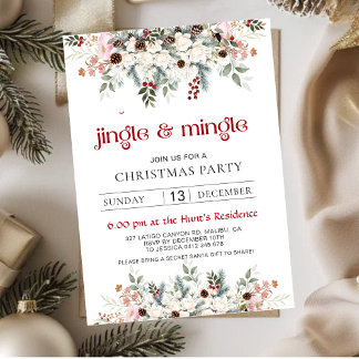 Tarjeta Festiva Blush Winter Floral Jingle & Mingle Christmas Part