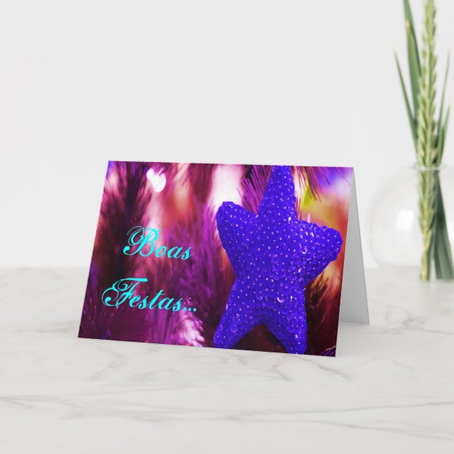 Tarjeta Festiva Boas Festas e um feliz Ano Novo Estrella Azul (Anverso)