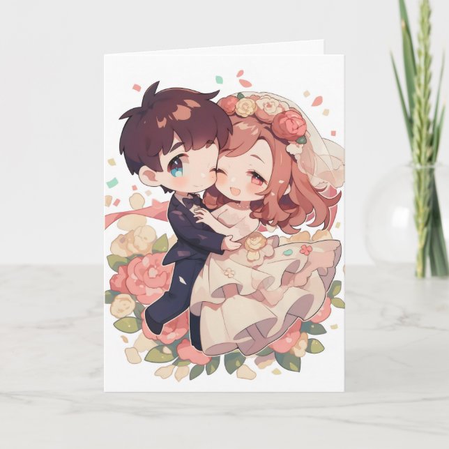 Tarjeta Festiva Boda Cute Anime Couple (Anverso)