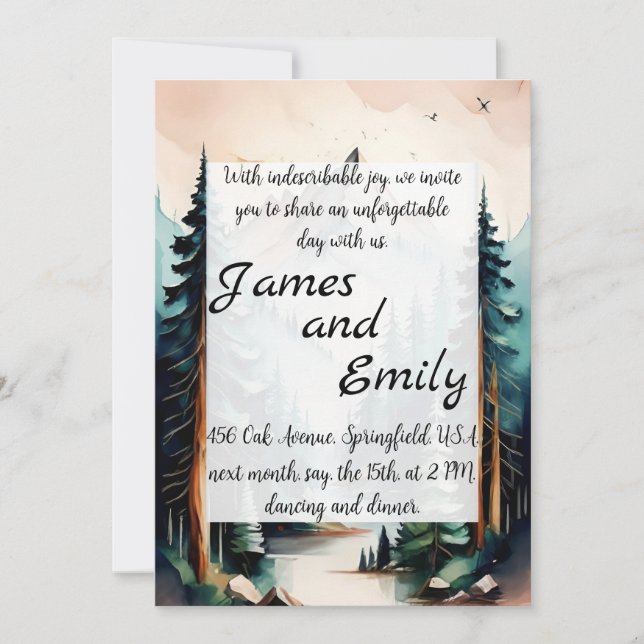 Tarjeta Festiva Boda de acuarela rústica de bosque de pinos (Anverso)