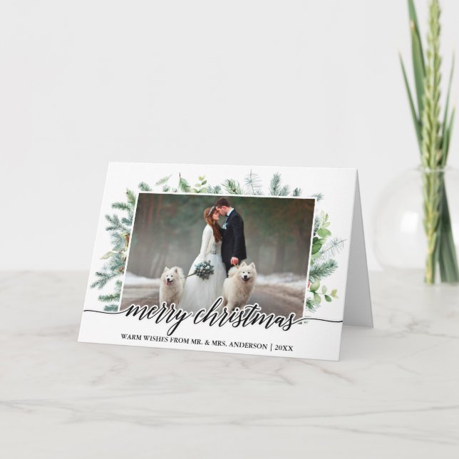 Tarjeta Festiva Boda de caligrafía Navidades de fotografía Pine Gr (Anverso)