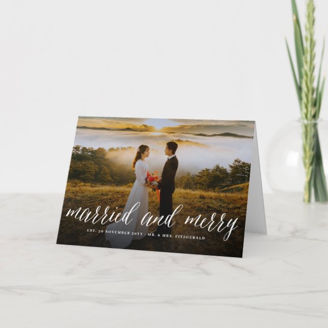 Tarjeta Festiva Boda De Fotos Con Guión Simple Merry Y Married (Anverso)