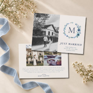 Tarjeta Festiva Boda de Monograma Acuarela Corona Azul 4 Fotos