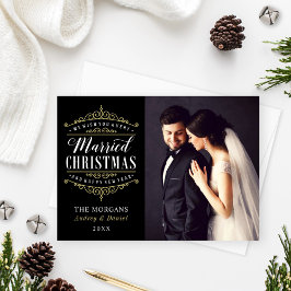 Tarjeta Festiva Boda de Navidades casados con oro negro vintage