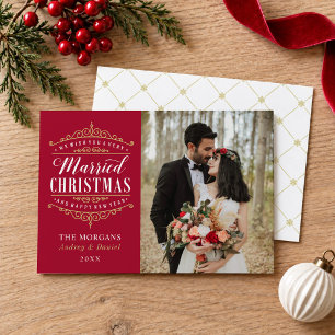 Tarjeta Festiva Boda de Navidades casados con oro rojo vintage