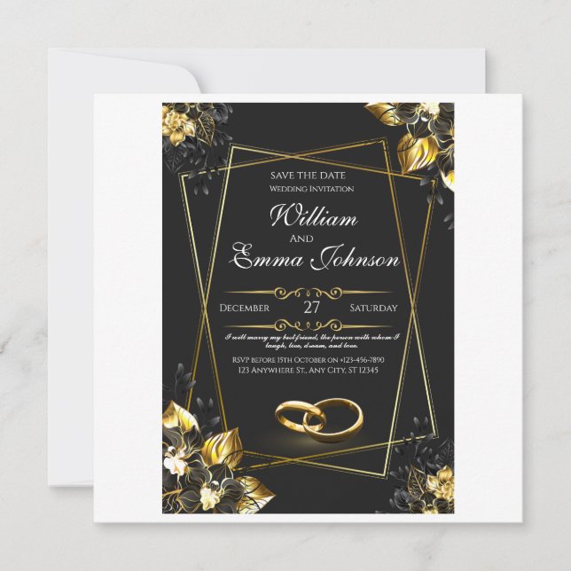 Tarjeta Festiva Boda elegante de oro y negro (Anverso)