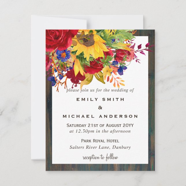 Tarjeta Festiva Boda floral Rústico Rojo Amarillo (Anverso)