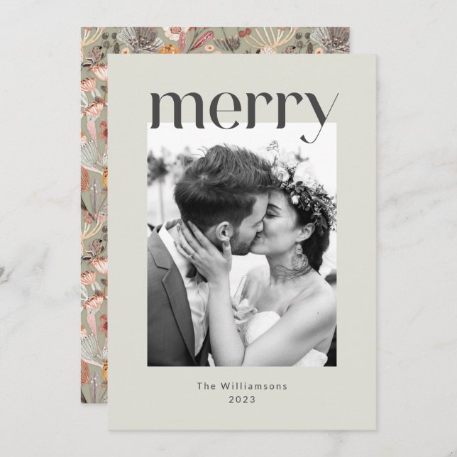 Tarjeta Festiva Boda Foto Boho Floral Taupe Sage Rústico (Anverso / Reverso)