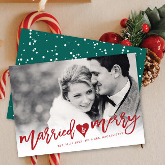 Tarjeta Festiva Boda fotográfico de guiones de pincel rojo casado 