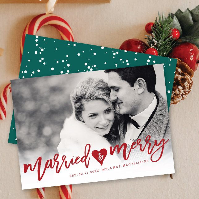 Tarjeta Festiva Boda fotográfico de guiones de pincel rojo casado  (Subido por el creador)