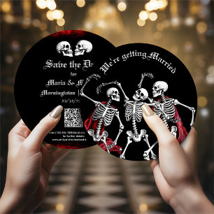 Tarjeta Festiva Boda gótico de esqueletos de danza de muerte roja