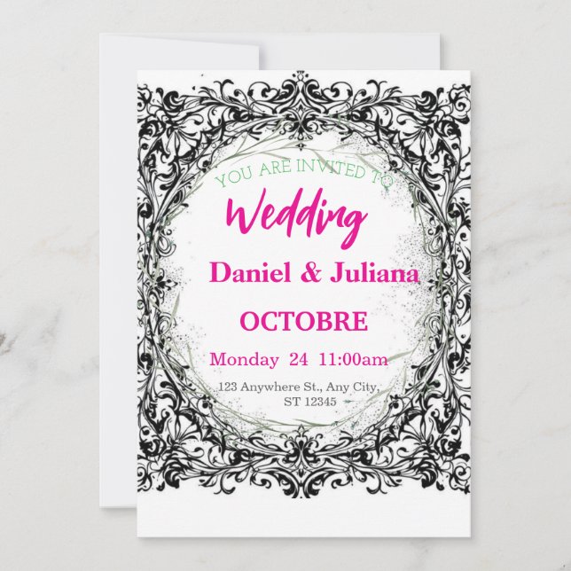Tarjeta Festiva boda, invitación, floral, rosa, elegante, romántic (Anverso)