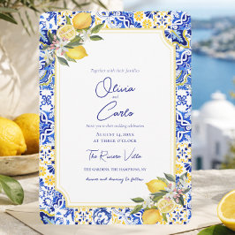 Tarjeta Festiva Boda italiana mediterránea con azulejos y limón