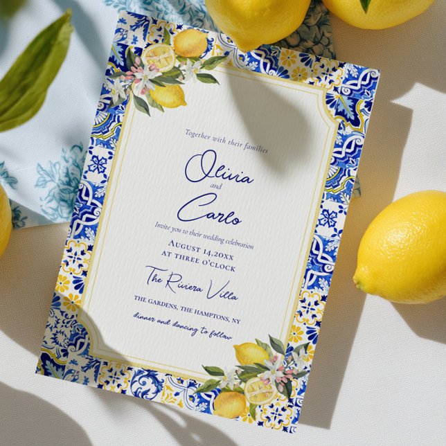 Tarjeta Festiva Boda italiano de mosaico y limón mediterráneo (Italian Mediterranean Tile & Lemon Wedding Holiday Card)
