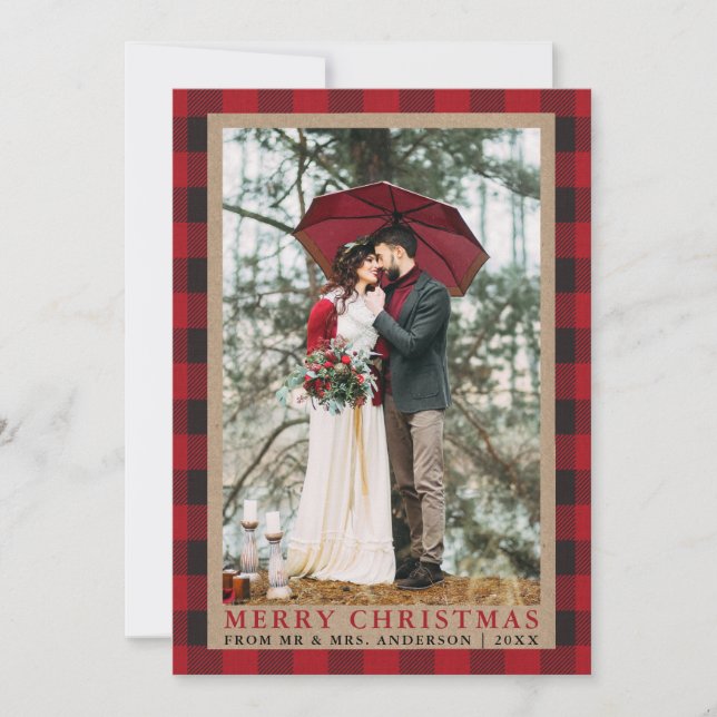 Tarjeta Festiva Boda Red Plaid foto Merry Christmas Kraft (Anverso)