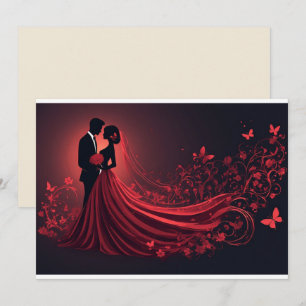 Tarjeta Festiva Boda Romántica en Rojo Silueta de Novia y Novio