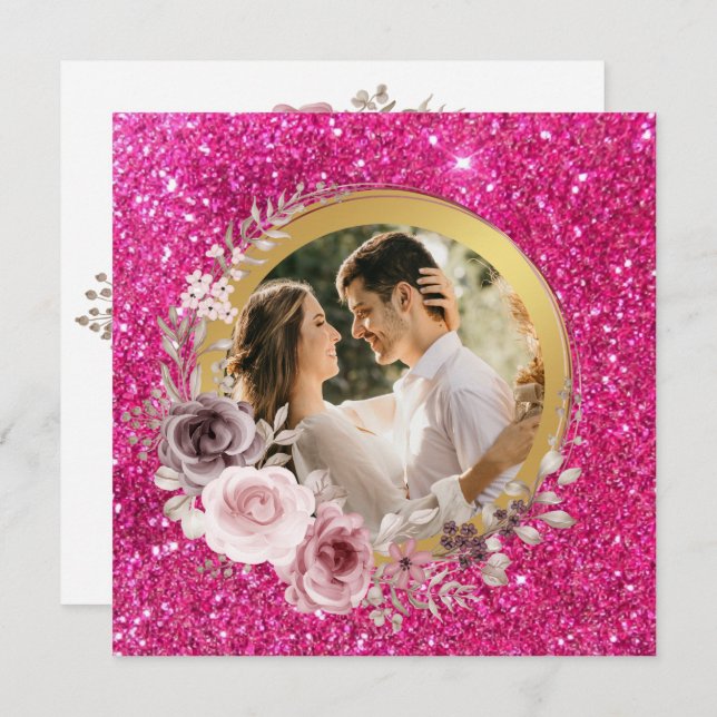 Tarjeta Festiva Boda Rubor Pink & Burgundy Floral Gold Greeneratio (Anverso / Reverso)