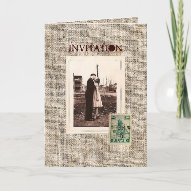 Tarjeta Festiva Boda rústica vintage estampillas arpillera campo (Anverso)