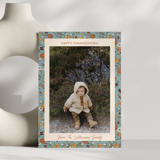 Tarjeta Festiva Boho Autumn Rustic Blue Floral Photo Thanksgiving (Subido por el creador)