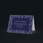 Tarjeta Festiva Boho Blue Hanukkah Botanical Custom Blank Folded<br><div class="desc">Celebrate the Festival of Lights with this modern Hanukkah card featuring a deep navy background surrounded by hand-painted blue and gold botanical leaves. The elegant layout and heartfelt message create a warm,  timeless design perfect for sending joy and peace to family and friends this Hanukkah season.</div>