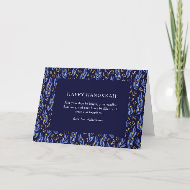 Tarjeta Festiva Boho Blue Hanukkah Botanical Custom Blank Folded (Anverso)