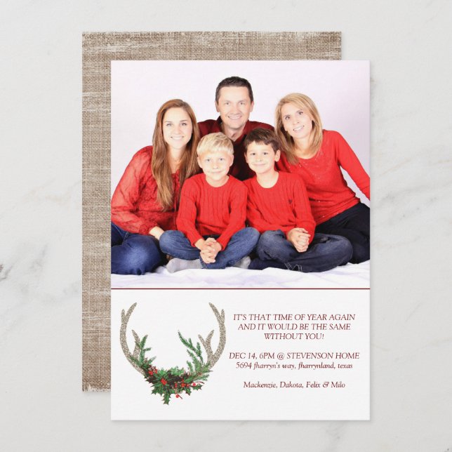 Tarjeta Festiva Boho Deer Antlers | Foto floral de Navidades rusos (Anverso / Reverso)