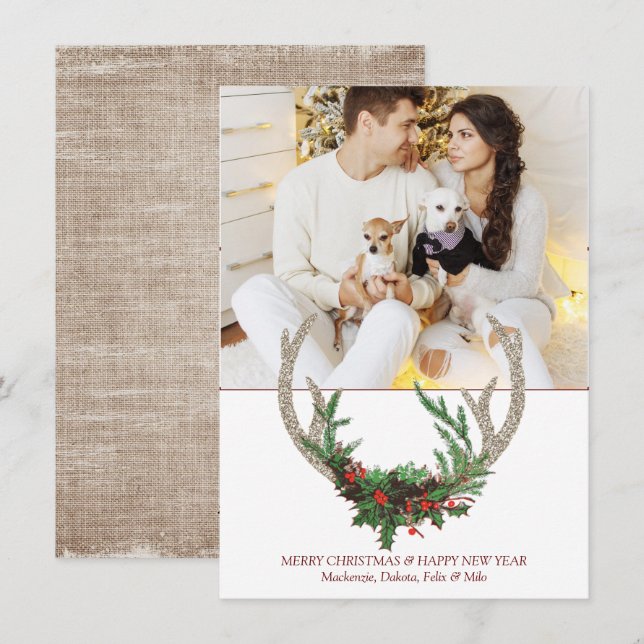 Tarjeta Festiva Boho Deer Antlers | Foto floral de Navidades rusos (Anverso / Reverso)