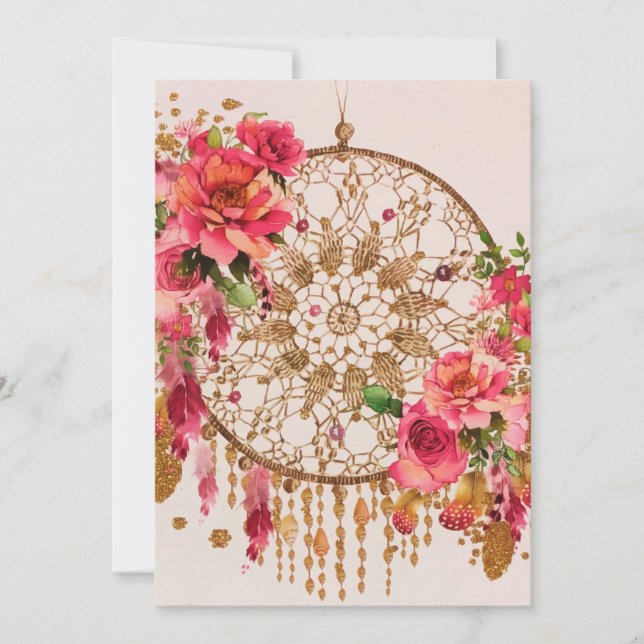 Tarjeta Festiva Boho Dreamcatcher Pink Gold Floral acuarela (Anverso)