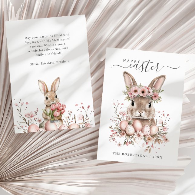 Tarjeta Festiva Boho Easter Bonito Bunny Rubor Floral Eggs (Boho Easter Pretty Bunny Blush Floral Eggs Holiday Card on a sunny neutral dry palm leaf.)