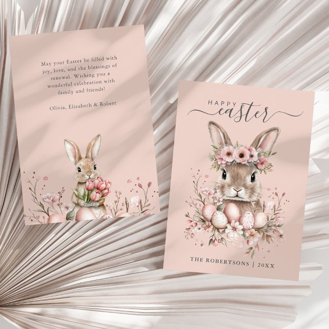Tarjeta Festiva Boho Easter Bonito Bunny Rubor Floral Eggs (Boho Easter Pretty Bunny Blush Floral Eggs Holiday Card on a sunny neutral dry palm leaf.)