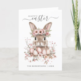 Tarjeta Festiva Boho Easter Bonito Bunny Rubor Floral Eggs plegado