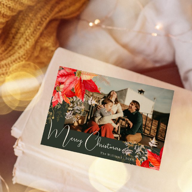 Tarjeta Festiva Boho Floral Merry Christmas Two Photo Holiday Card (Subido por el creador)
