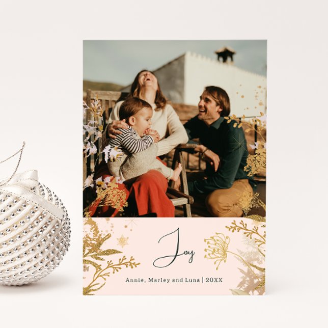 Tarjeta Festiva Boho Gold Floral Joy Navidades de fotografía verti (Subido por el creador)