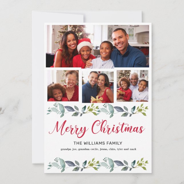 Tarjeta Festiva Boho Greenery Red Merry Christmas 4 Family Photo (Anverso)