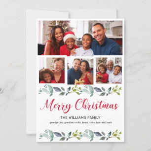 Tarjeta Festiva Boho Greenery Red Merry Christmas 4 Family Photo