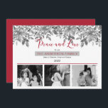 Tarjeta Festiva Boho Holiday Greenereneration Peace and Love 3 Pho<br><div class="desc">Boho tres foto "Paz y Amor" color rojo y gris color de agua y bayas floral diseño de vacaciones. Simplemente agrega tus fotos, en blanco y negro o en color. Añade tu nombre familiar, nombres y el año delante y estás todo listo. Diseño compuesto por Holiday Hearts Designs (derechos reservados)....</div>