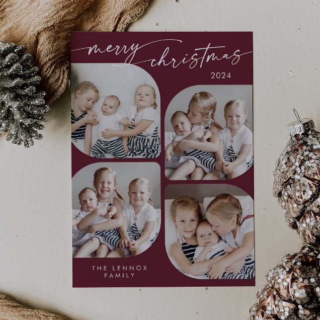 Tarjeta Festiva Boho Moda Burgundy Familia Navidades multifoto (Subido por el creador)