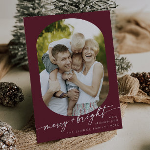 Tarjeta Festiva Boho Moda Burgundy Merry Bright Photo Navidades
