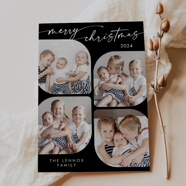 Tarjeta Festiva Boho Moda Dark Black Family Multi Photo Navidades (Subido por el creador)